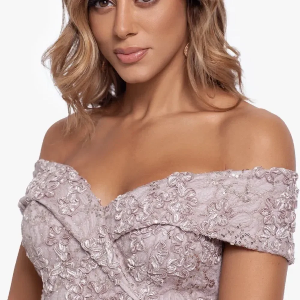 Xscape Off-Shoulder Lace Embellished Gown in Dusty Mauve - Picture 3 of 9